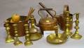 Nine Pieces of Assorted Copperware and Brass Four Pairs of Brass Candlesticks and Four Single Candlesticks