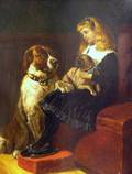 British School 19th Century Portrait of a Seated Girl Holding a Pug with a Large Spaniel Beside Her