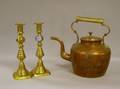 Pair of Brass Beehive Candlesticks and a Brass Mounted Copper Hot Water Kettle