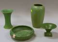 Matte Green Glazed Art Pottery Footed Bowl Low Bowl and Two Vases