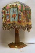 Large Scenic and Patriotic Beaded Lamp Shade with a Folk Parquetry Wooden Lamp Base