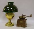 Hawkins  Co Cast Iron Coffee Mill and a Brass Kerosene Table Lamp