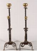 Pair of Large Renaissance Style Wrought Iron and Brass Andirons