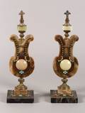 Pair of Lyreform Onyx and Cloisonne Enamel Mantel Ornaments