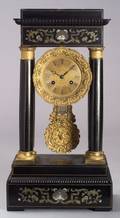 French Ebony Brass and Mother of Pearl Inlaid Temple Mantel Clock