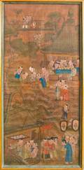 Chinese painted silk wall hanging with family scenes