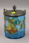 Late Victorian Silver Plated Mounted and Glass Bead Enhanced Handpainted Pear Decorated Blue Glass Biscuit Jar