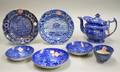 Seven Pieces of English Blue and White Historical Transfer Decorated Staffordshire Tableware