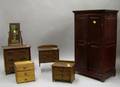Salesmans Sample TwoDoor Cupboard and Four Assorted Wooden Doll Furniture Chests of Drawers