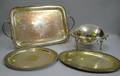Silver Plated Domelidded Footed Serving Dish and Three Serving Trays