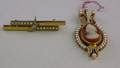 Victorian 14kt Gold Cameo Pendant and Small Seed Pearl and Diamond Bar Pin