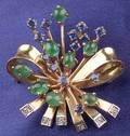14kt Gold Emerald Sapphire and Diamond Ribbon Brooch