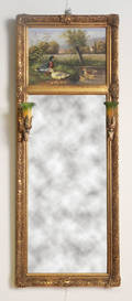 Gilt mirror with oil on board tympanum and two sconces