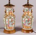 Pair Rose Medallion Vases with Table Lamp Mounts