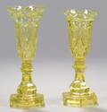 Pair of Yellow Blown Molded Heart Pattern Sandwich Glass Vases