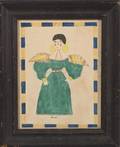 American School 19th Century Primitive Portrait of a Woman Wearing a Green Dress