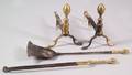 Pair of Brass and Iron Lemontop Andirons and Two Tools