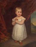 American School 19th Century Portrait of Little Girl in White Dress Holding a Pear