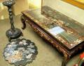 Modern Asian MotherofPearl Inlaid and Scenic Lacquered Low Hardwood Table and a Late Victorian MotherofPear