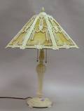Octagonal Caramel Slag Glass and White Painted Cast Metal Table Lamp