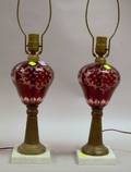 Pair of Etched Ruby Flash Glass and Brass Table Lamps with White Marble Bases