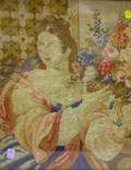 Framed Victorian Needlepoint Portrait of a Woman with Flowers