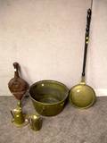 Brass Bed Warmer with Turned Wood Handle Two Brass Pots with a Tray a Brass Kettle and a Carved Wood and Lea