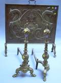 Pair of Brass Andirons and a Repousse Brass Firescreen