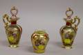 Pair of Vienna Gilt and Transfer Genre Scene Decorated Porcelain Cruets and a Vase