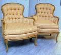 Pair of Louis XV Style Upholstered Carved and Painted Bergeres