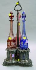 Victorian Vintage Motif Colored CuttoClear Glass and Silver Plated Decanter Set