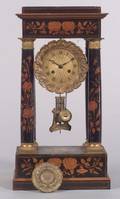 French Empire Revival Marquetry Inlaid Temple Mantel Clock
