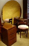 Red Lion Table Co Art Deco Mahogany Veneer Mirrored Vanity with Stool and Nightstand
