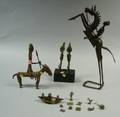 Large African Carved Wooden Figure Four African Bronze and Iron Figurals and Ten Assorted Ivory Coast Gold Weights
