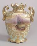 Nippon Gilt and Handpainted Landscape Decorated Porcelain Twohandled Footed Vase