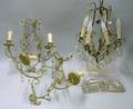 Small Louis XV Style Giltmetal SixLight Chandelier with Prisms and a Giltmetal and Glass TwoLight Wall Scon