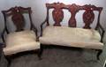 Late Victorian Carved Mahogany Parlor Double Chairback Settee and Armchair