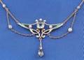Art Nouveau Aquamarine Enamel Seed Pearl and Diamond Lavalier