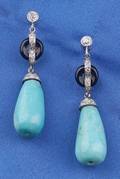 Art Deco Platinum Turquoise Diamond and Onyx Earpendants