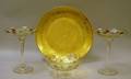 Pair of Gilt Etched Raspberry Decorated Colorless Glass Compotes and Berry Bowl with a Gilt Porcelain Charger