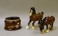 Pair of Beswick Glazed Ceramic Work Horse Figures and a Royal Doulton Sterling Silver Mounted Hounds Decorated Jar