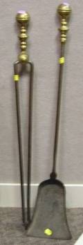Brass Belted Balltop and Iron Hearth Shovel and a Pair of Tongs