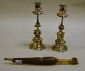Pug Decorated Carved and Painted Wooden Umbrellaform Letter Opener and Two Silver Plated Pug Decorated Candlesticks