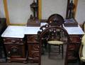 Renaissance Revival White Marbletop Carved Walnut Mirrored Dresser and Marbletop Side Cabinet