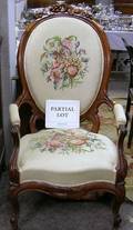 Victorian Rococo Revival Needlepoint Upholstered Carved Walnut Parlor Armchair and Ottoman