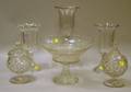 Colorless Pressed Pattern Glass Compote Three Celeries and Two Covered Jars
