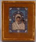 Russian Miniature Enameled Sterling Silver and Seed Pearl Mounted Painted Wood Madonna of Kazan Icon