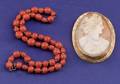 14kt Gold Shell Cameo PendantBrooch and Coral Bead Necklace