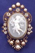 Antique 14kt Gold Hardstone Cameo Diamond and Seed Pearl PendantBrooch