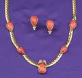 18kt Gold Coral and Diamond Necklace and Earclips